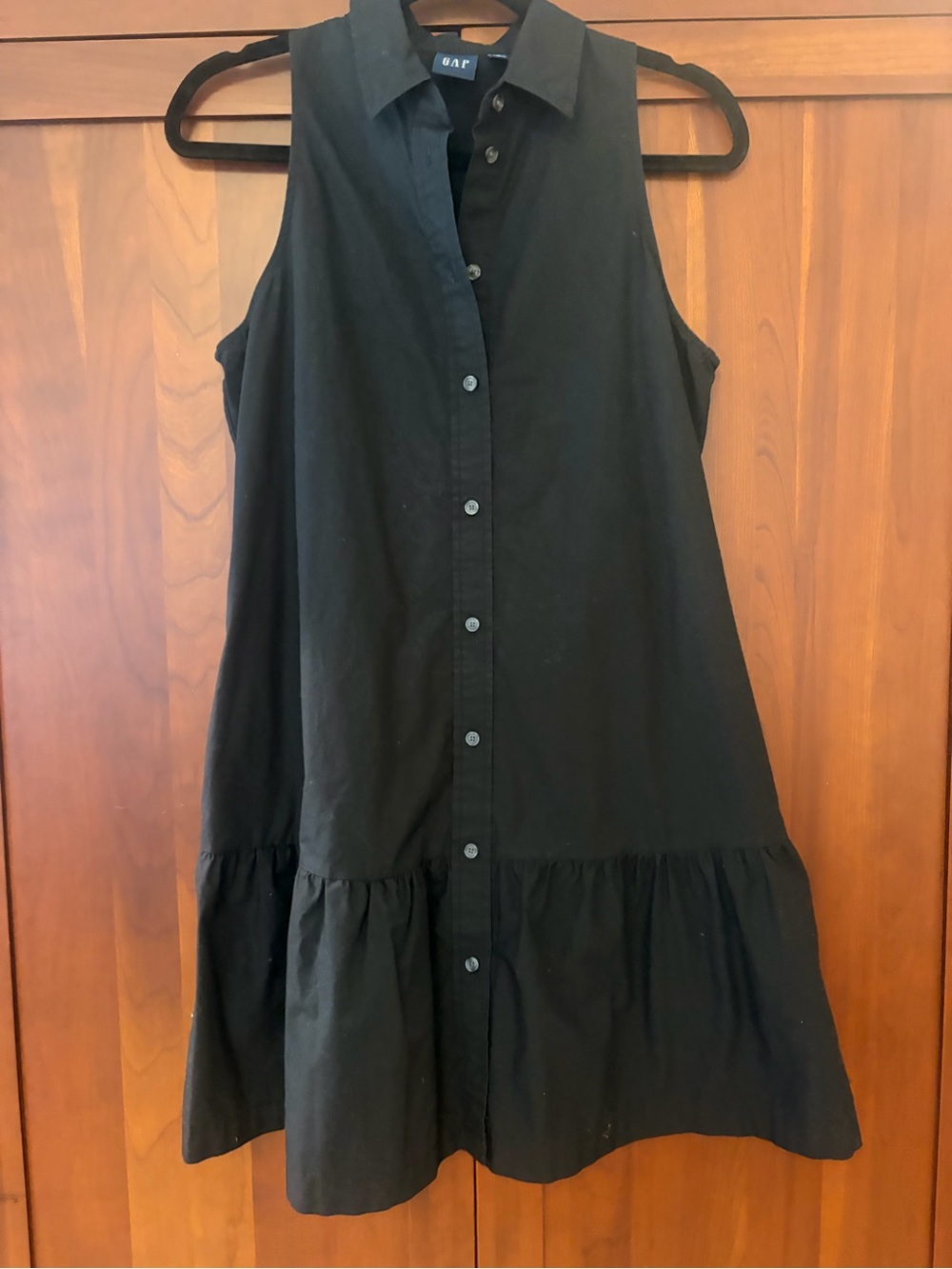 GAP Black Sleeveless Button-Front Asymmetrical Dress with peplum detail